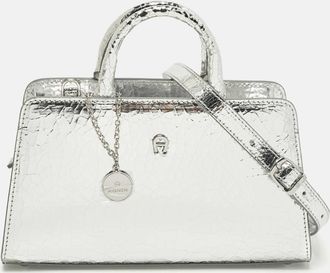 Aigner Cybill Stretch S Mini Silver Crackled Leather Satchel