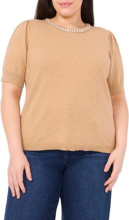 CeCe by Cynthia Steffe Rhinestone Embellished Short Sleeve Sweater in Latte Heather at Nordstrom, Size 3X