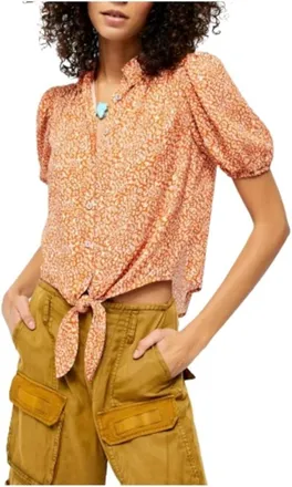 Free People Celia Print Short Sleeve Blouse In Rust Combo