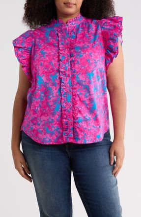 Sugarlips Lucy Floral Print Sleeveless Shirt in Cerulean-Pink-Multi at Nordstrom, Size 3X