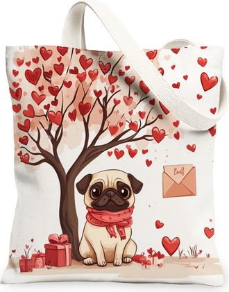 Generic Valentines Day Pug Dog Canvas Tote Bag for Shopping 13x15, Fun Heart Tree Puppy Reusable Grocery Print Pattern Bag for Women, Pet Beach Aesthetic Pain