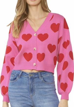 Entro Heart Knit Button Cardigan In Pink
