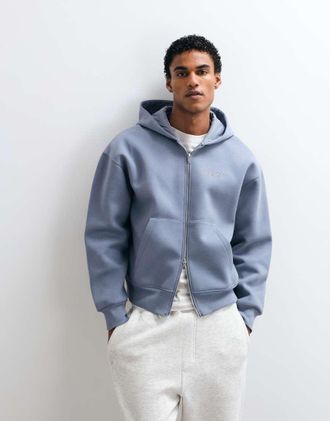 Asos felpa con cappuccio oversize squadrata con stampa ricamata in tessuto effetto scuba blu