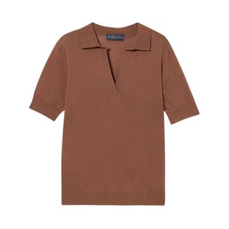 Brooks Brothers Zijdenmix Gebreide Polo met Johnny Kraag - Dames - V-hals truien - Bruin - M - Katoen - Truien & Vesten