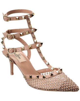 Valentino Rockstud Caged 65 Mesh & Leather Ankle Strap Pump