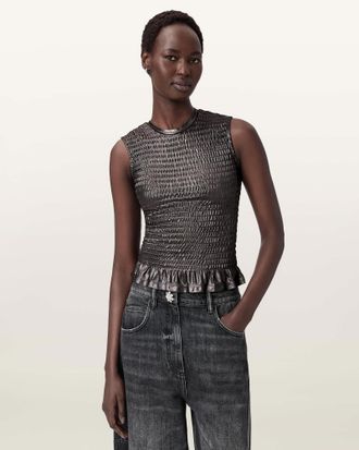 AllSaints Ode Smocked Metallic Tank