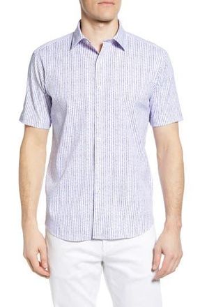 Bugatchi Shaped Fit Stripe Short Sleeve Button-Up Shirt in Air Blue at Nordstrom Rack, Size Xxx-Large