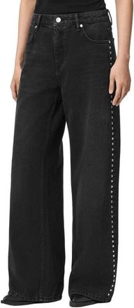 AllSaints Sway Studded High Waist Wide Leg Jeans in Washed Black at Nordstrom, Size 28