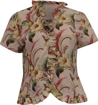Oscar De La Renta Oscar De La Renta Floral-Print Ruffled Blouse in Multicolor Linen