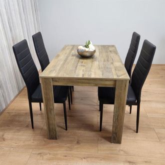 Kosy Koala Kosy Koala - Dining Table and 4 Chairs Rustic Effect Wood Table 4 Black Leather Chairs Dining Room