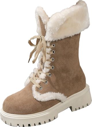 Generic Winter New Chunky Heel Warm Padded Straps Big Size Boots Warm Boot Insoles for Women (Khaki, 5.5)