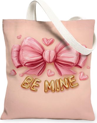 Generic ValentineS Day Bow Canvas Tote Bags, Peach Ribbon Pattern Reusable Grocery Bags, Cute Lightweight Washable Shoulder Strap, Peach, 13x15 Inch