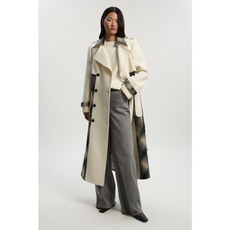 Karen Millen Wool Check Trench Midi Coat in Ivory at Nordstrom, Size 12