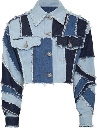 Philipp Plein Denim Cropped Jacket Patchwork - Dames - Spijkerjassen - Blauw - M - Denim - Jassen