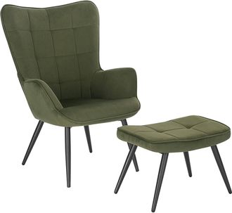 Woltu Woltu Poltrona Imbottita Con Pouf Poggiapiedi Sedia Poltroncina Relax In Velluto Verde Scuro