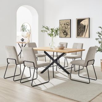 Furniturebox Leonardo Oak Effect Dining Table & 6 Halley Taupe Fabric Chairs in Brown