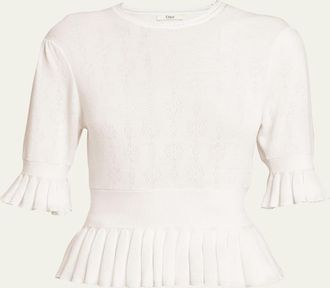 Chlo&eacute; Short-Sleeve Pointelle Kit Ruffle Crewneck Sweater