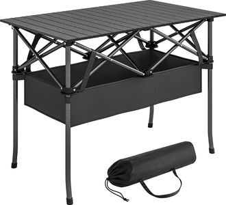 OUTSUNNY Mesa Plegable Camping, 93x55x68 Cm, Mesa Plegable Con Red De Almacenamiento, Encimera Enrollable De Aluminio, Bolsa De Transporte, Negro