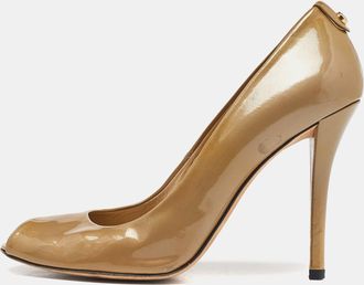Stuart Weitzman Beige Patent Leather Peep Toe Pumps
