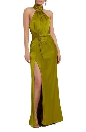 Mac Duggal Open Back High Neck Side Ruched Gown in Olive at Nordstrom, Size 10