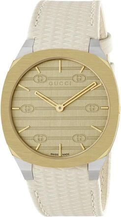 Gucci Gelaagde Gouden Messing Wijzerplaat met Wit Leren Bandje - Dames - Horloges - Grijs - ONE Size - Accessoires