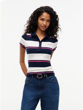 Tommy Hilfiger Womens Tommy Jeans Slim Fit Rib-Knit Polo - Off White / Stripe - L