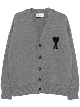 Ami V-Neck Cardigan with Contrasting Heart Emblem