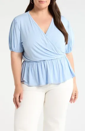 Loveappella Surplice Peplum Top in Sky at Nordstrom, Size 1X