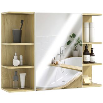 HOMCOM Bathroom Wall Cabinet with Mirror and Open Storage Shelves Natural | TJ Hughes