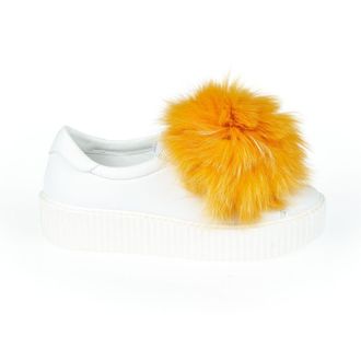 Mr & Mrs Italy White Textile Women Sneaker With Real Fur Pom Womens Poms