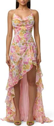 Naked Wardrobe Floral Chiffon Halter High-Low Dress in Blush Bloom at Nordstrom, Size X-Small