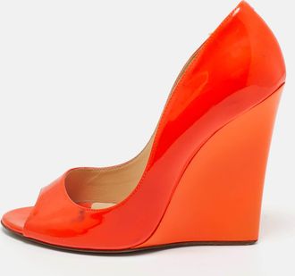 Jimmy Choo London Orange Patent Leather Wedge Peep Toe Pumps
