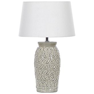 Beliani L&aacute;mpara De Mesa De Cer&aacute;mica Gris Pantalla Blanco 48 Cm Patr&oacute;n Geom&eacute;trico Ornamental Sala De Estar Dormitorio Khoper