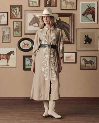 The Great. Western Embroidered Herd Dress In Soft Tan With Cream