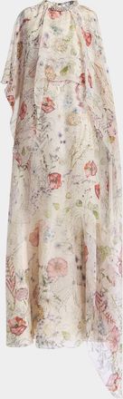 Alexander McQueen Crystal Meadow Floral-Print Asymmetric Cape Gown
