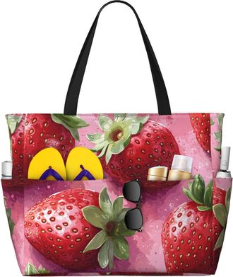 Generic Pink Strawberry Print Large Beach Bag Foldable Travel Shoulder Tote Bag With Pocket For Weekender Pool Vacation