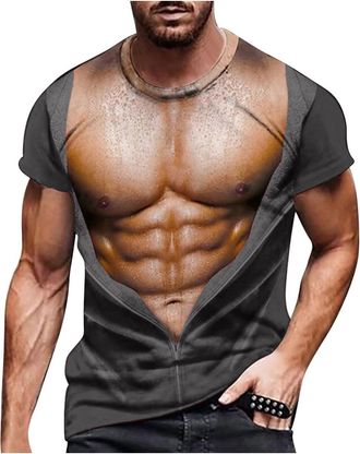 Generic Fake Muscle 3d Printed T-shirt Men Sale Clearance Short Sleeve Crew Neck Tee Top Funny Graphic Under Clothes Hipster Workout Shirt Chest Six Pack Abs 