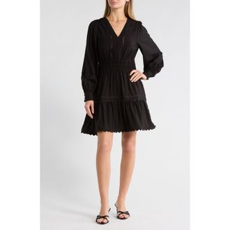 Ellen Tracy V-Neck Long Sleeve Crinkle Dress in Black at Nordstrom Rack, Size X-Small