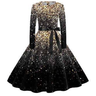 Generic Christmas Dress for Women 1950s Audrey Hepburn Style Moose Long Sleeve Round Neck Elegant Cotton Gnomes A Line Midi Plaid Work 1940s 60s Rockabilly Wo