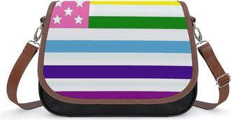 Generic LGBTQ Flag U.S. Flag Womens Leather Crossbody Bags with Adjustable Strap Casual Printed Shoulder Handbag