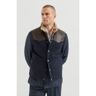 Brunello Cucinelli Bonded wool flannel paneled down vest with shearling collar and nappa leather inserts in Blue at Nordstrom, Size Xxx-Large