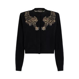 Roberto Cavalli Cardigans, female, Black, Size: XS Wool Cardigan with Tiger Embroidery
