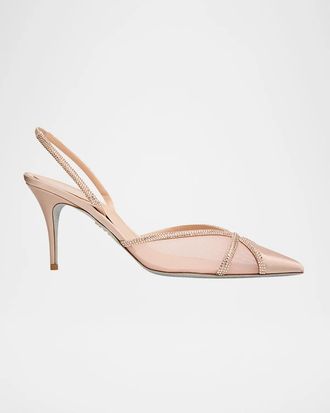 Rene Caovilla 80mm Embellished Satin Mesh Slingback Pumps