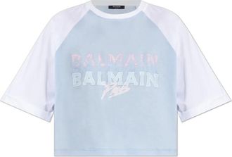 Balmain T-Shirts, female, Blue, XS, Short loose-fit t-shirt