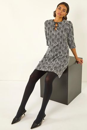 Roman Tile Print Tie Keyhole Stretch Dress