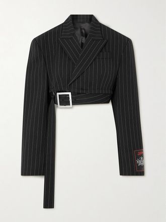 Jean Paul Gaultier Blazer Doppiopetto Cropped Gessato In Twill Di Lana Con Cintura - Nero