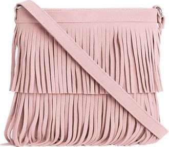 LiaTalia Womens Fringe Handbag - Real Italian Suede Leather - Tassle Effect Shoulder Bag in Medium Size - Ashley [Pale Pink]