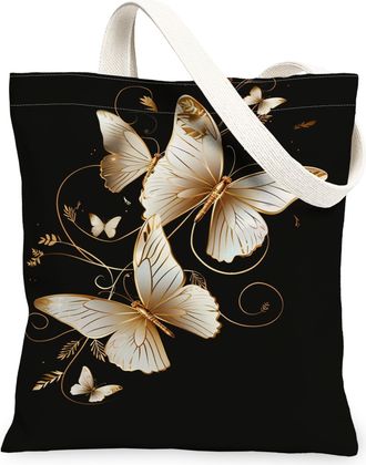 Generic Butterfly Floral Canvas Tote Bags, Elegant Insect Design Reusable Grocery Bags, Winter Vintage Lightweight Washable Shoulde, Black, 13x15 Inch