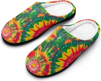 Generic Rasta Tie-Dye Pattern Mens Warm Slippers Non-Slip Sole Winter Rubber Cotton Shoes for Bedroom