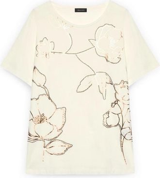 Fiorella Rubino Cotton T-Shirt met bloemenprint - Dames - T-shirts - Wit - XL - Katoen - Tops